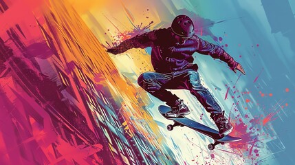 Detailed sketch of a skateboarder performing a trick, vibrant urban background and dynamic movement, edgy and exciting