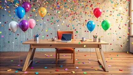 Colorful confetti and balloons fill the air, surrounding a large wooden desk with scattered papers and laptops, conveying team celebration and success atmosphere.