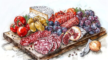 Detailed sketch of a charcuterie board with assorted meats, cheeses, and fruits, vibrant and elegant