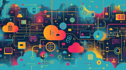 Conceptual illustration of cloud computing with interconnected devices and data flow, vibrant and dynamic