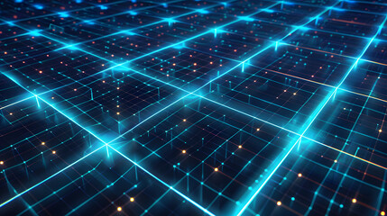 Abstract background of glowing blue isometric grid on black. Digital, tech, data, science concept. 