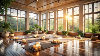 A serene yoga studio with a meditation corner, candles, and a few blocks, featuring a wooden floor and natural light pouring in through the windows.