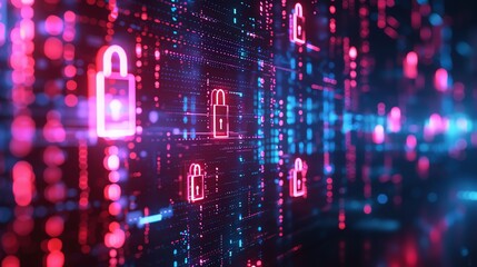 Fototapeta premium Conceptual illustration of cybersecurity with digital locks and encrypted data, vibrant and dynamic