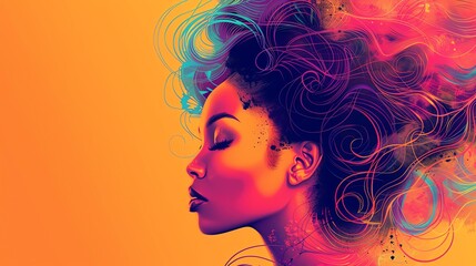 Beauty illustration of a woman with a glamorous hairstyle, sophisticated and detailed look, vibrant colors
