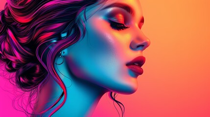 Beauty illustration of a woman with a glamorous hairstyle, sophisticated and detailed look, vibrant colors
