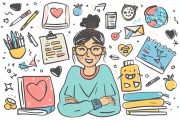 Cartoon cute doodles of a student surrounded by open books and notebooks, deep in concentration, Generative AI