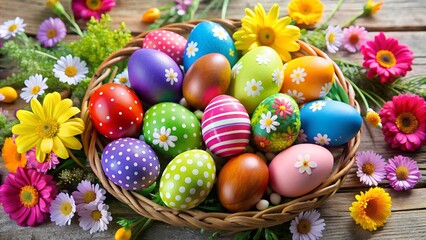 Fototapeta premium Brightly Colored Eggs Surrounded by Fresh Flowers