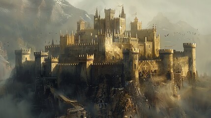 Fototapeta premium Artistic depiction of a medieval castle, detailed architecture and historical accuracy, majestic and grand