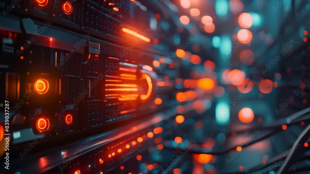 Poster an image of a server room with network cables and lights, network, dynamic compositions, and copy sp