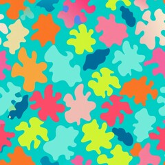 Seamless pattern of tropical-colored blots in vibrant hues of turquoise, coral, and lime green for a summery vibe, Generative AI