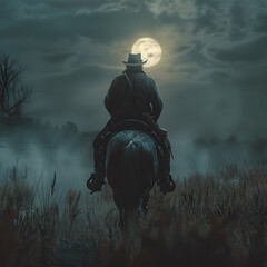 Naklejka premium Cowboy riding a horse on a farm, in a beautiful landscape