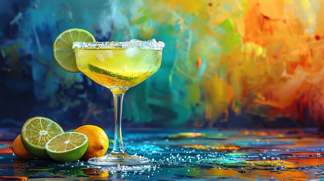 Artistic depiction of a classic margarita with a salted rim, vibrant colors and festive presentation