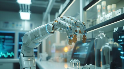 AI-powered robotic arm in a high-tech lab, showcasing advanced technology and innovation