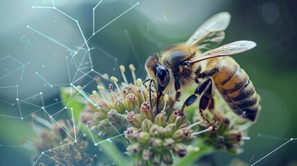 Nature's Connectivity: Bee's Wings Close-up with Digital Data Streams Background