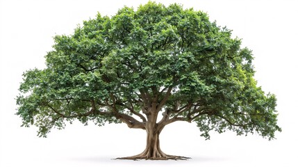 A high-resolution image of a large tree with a detailed canopy and visible roots, placed against a white background to focus on its natural beauty