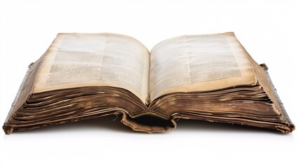 Obraz premium Close-up of an open book with a plain white background