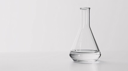 Laboratory scene featuring a transparent beaker filled with clear solution, white background accentuating the clarity and cleanliness of the glassware