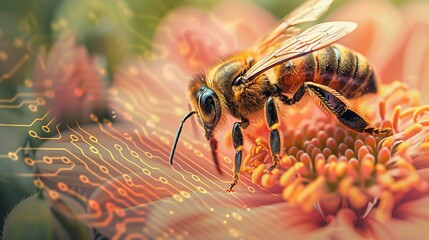 Naklejka premium Digital Nature Fusion: Bee on Vibrant Flower with Subtle Circuit Lines Overlay