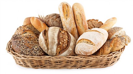 Various types of bread including baguette, whole grain, and sourdough displayed in a basket, white background
