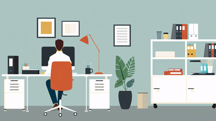 Flat vector illustration of a businesswoman working on a laptop at her desk in a modern office