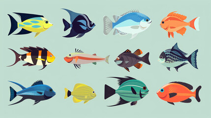 Fototapeta premium A playful collection of cartoon fish, dolphins and other sea creatures swimming in a seamless ocean pattern