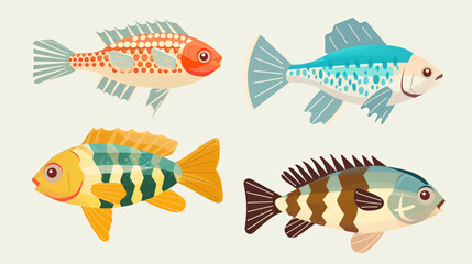 Fototapeta premium A colorful variety of fish like goldfish and perch swim in a clear aquarium