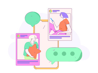Virtual characters social communication concept business flat vector hand drawn illustration
