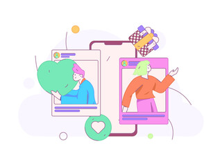 Virtual characters social communication concept business flat vector hand drawn illustration
