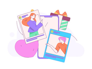 Virtual characters social communication concept business flat vector hand drawn illustration
