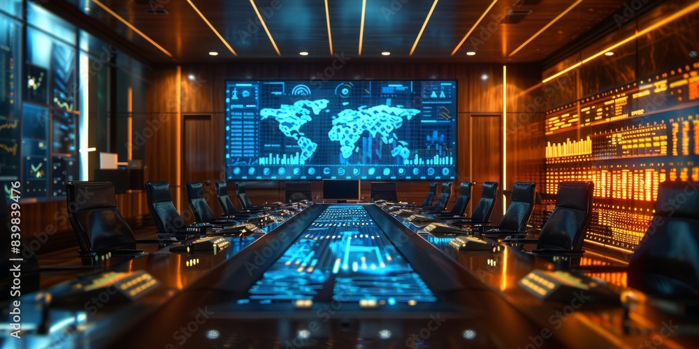 Poster high-tech boardroom with digital screens displaying global data and financial charts