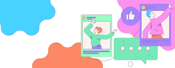 Virtual characters social communication concept business flat vector hand drawn illustration

