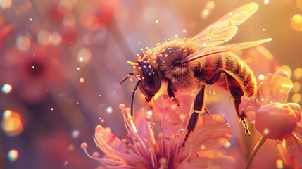 Bee interacting with a bright blossom, with virtual elements subtly interspersed