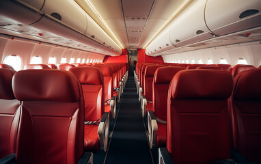 Interior of airplane with blue seats and white ceiling in blue tones