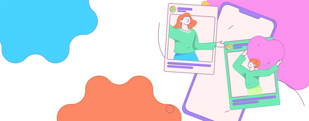 Virtual characters social communication concept business flat vector hand drawn illustration
