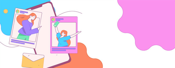 Virtual characters social communication concept business flat vector hand drawn illustration
