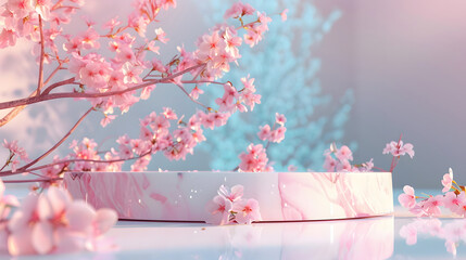 Pink Marble Platform with Cherry Blossoms with Copy Space Text for Product Photography