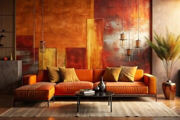 Sculptural wall, autumn tones, rust sofa, wooden table, cozy elegance