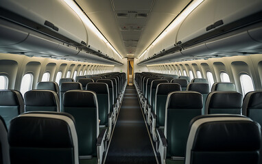 Fototapeta premium Interior of airplane with blue seats and white ceiling in blue tones