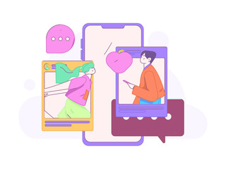 Virtual characters social communication concept business flat vector hand drawn illustration
