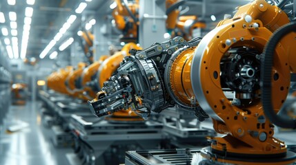 Fototapeta premium Close-up view of industrial robotic arms in a modern factory assembly line, emphasizing advanced automation and precision manufacturing.