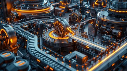 Futuristic industrial factory with advanced machinery and glowing lights. High-tech production line with complex mechanical components.