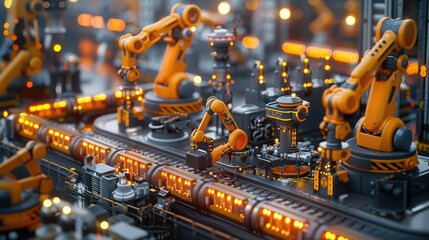 Industrial automation with robotic arms operating in a high-tech factory, showcasing advanced technology and precision manufacturing.