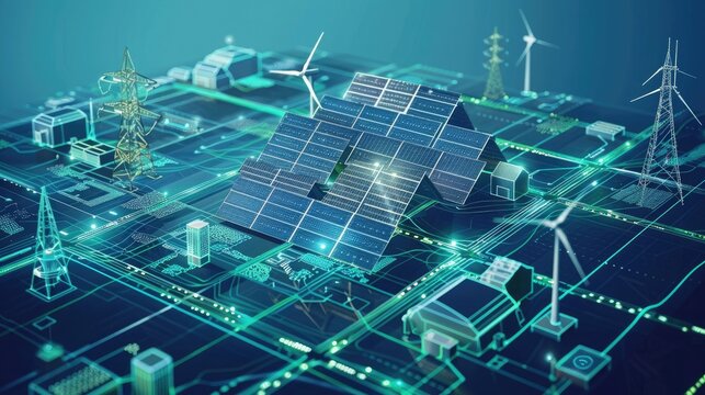 Futuristic renewable energy concept featuring solar panels, wind turbines, and smart grid technology interconnected in a digital landscape.