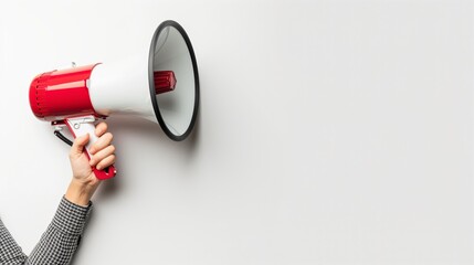 Hand holding megaphone on white background - Active communication, information spread, advertising, sales, marketing, public, message, presentation, speaker, event, news announcements - Isolated