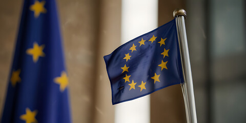 European Union waving in the breeze against a sunset sky. Banner with EU flag. European Union parliament election, 9 june 2024