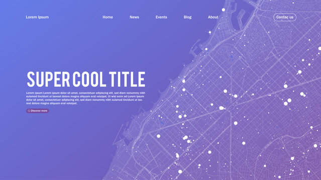 Landing page abstract design with city map big data. Template for website or app.
