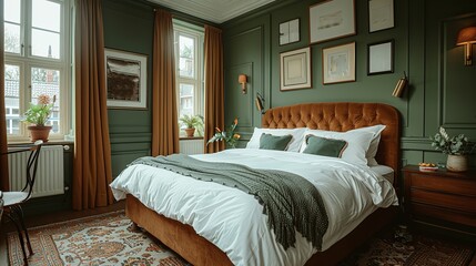 A chic bedroom with a velvet headboard and matching curtains.
