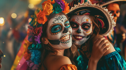 Obraz premium People in sugar skull makeup celebrating Day of the Dead