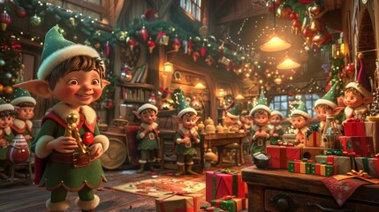 Santa's workshop filled with busy elves making toys and wrapping presents for Christmas 3D cartoon Generative AI