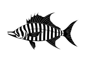Fish silhouettes. Collection of black and white sea fish isolated on white background. Vector illustration.